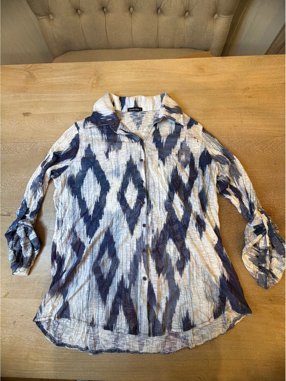 David Cline Crinkle Crushed Button-Up Blouse - Blue & Cream Ikat Pattern  Size L